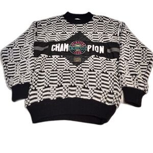Vintage 90s 3D Knit Sweater Mens M Black White Geometric Champion Patch Grandpa